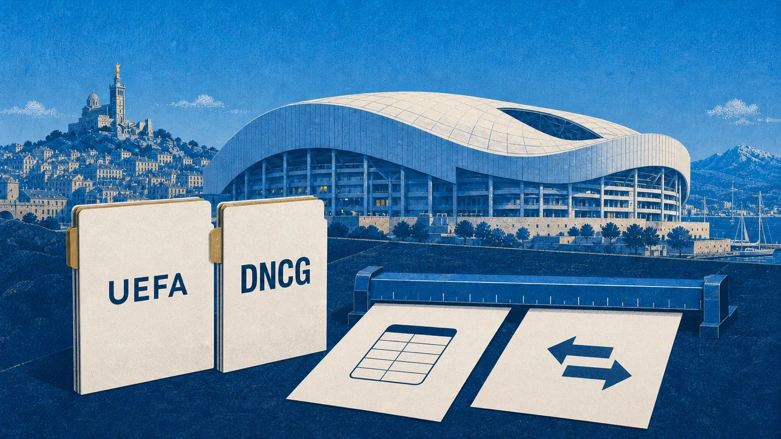 Illustration du Stade Vélodrome, de dossiers UEFA et DNCG et d’une jauge sans chiffre représentant les limites inconnues du mercato