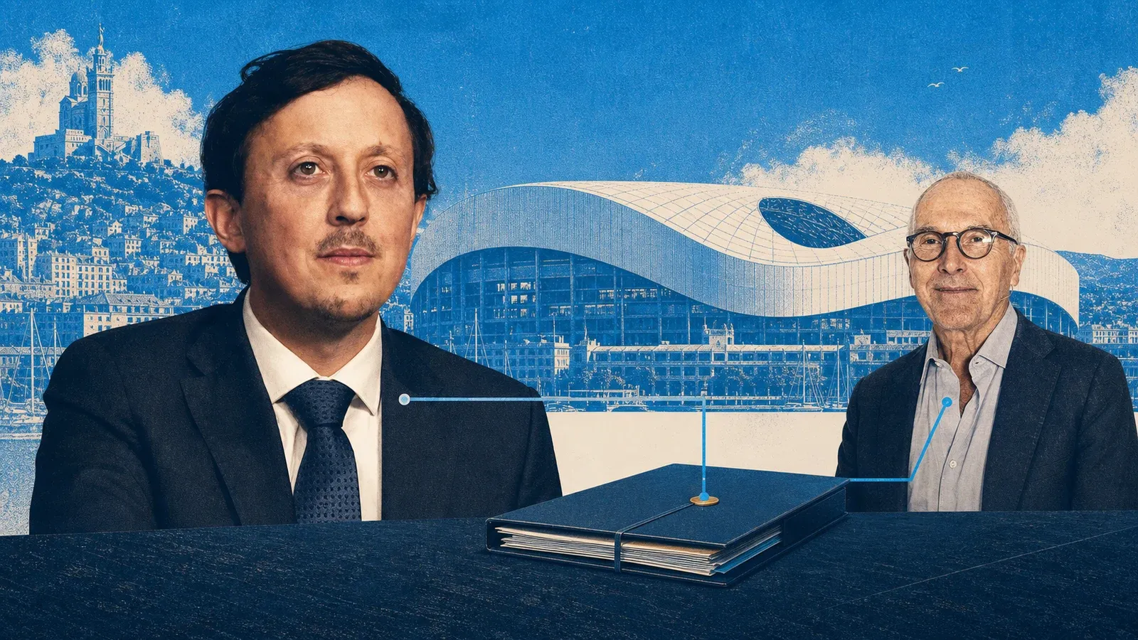 Portraits éditoriaux de Pablo Longoria et Frank McCourt reliés à un dossier de gouvernance devant le Stade Vélodrome