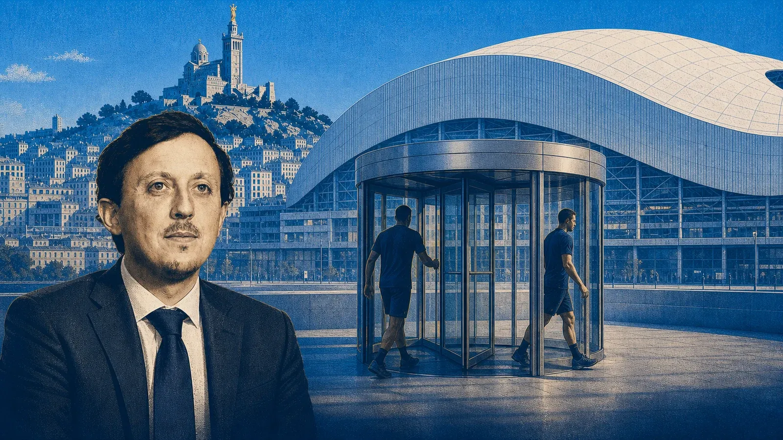 Portrait éditorial de Pablo Longoria avec des silhouettes de joueurs, des flèches de transfert, un contrat, une poignée de main et un siège d’entraîneur