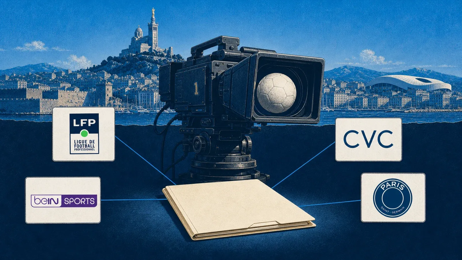 Caméra de télévision, ballon et contrat reliés aux identifiants LFP, CVC, PSG et beIN devant Marseille