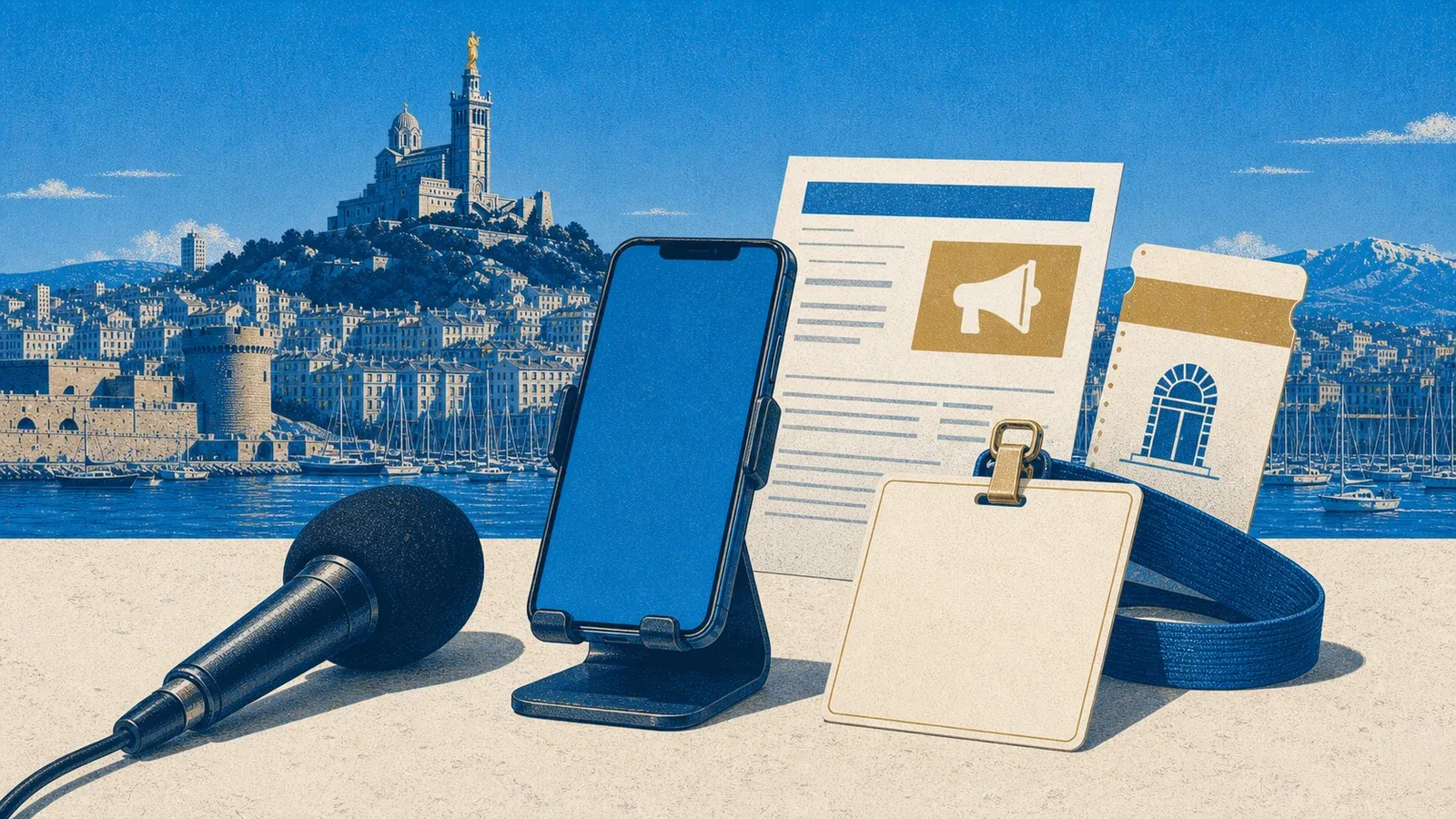 Microphone, smartphone, accréditation, invitation et document publicitaire devant le Vieux-Port de Marseille