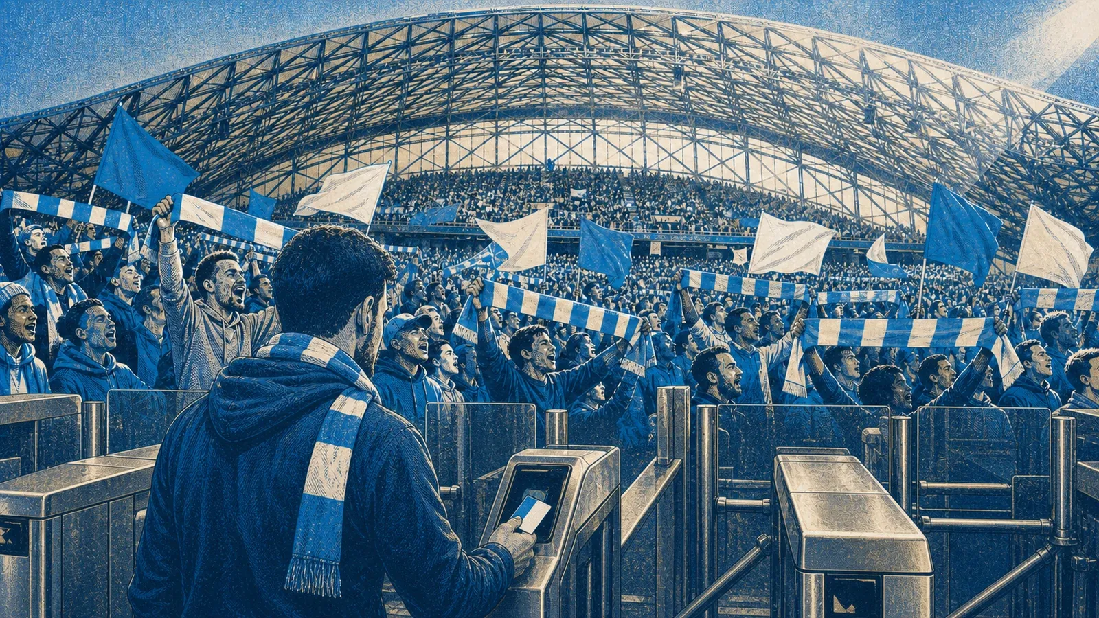 Virage rempli de supporters marseillais avec carte d’adhérent, abonnement, urne et convention au premier plan