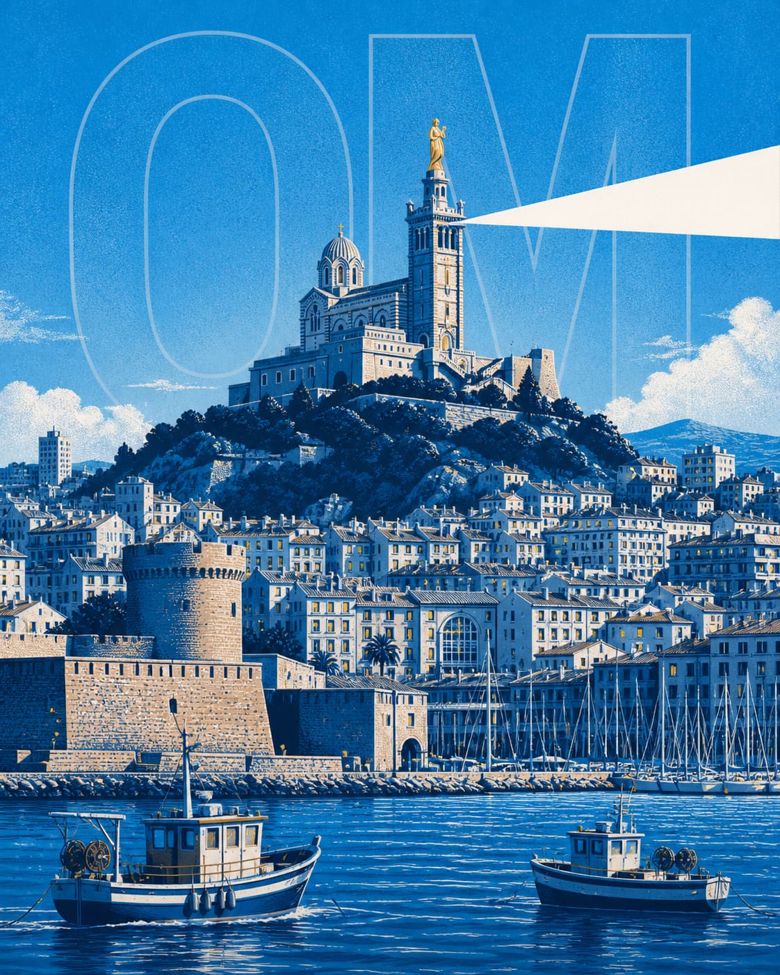 Illustration éditoriale de Marseille avec Notre-Dame de la Garde dominant le Vieux-Port, ses bateaux, ses mâts, ses fortifications et ses collines