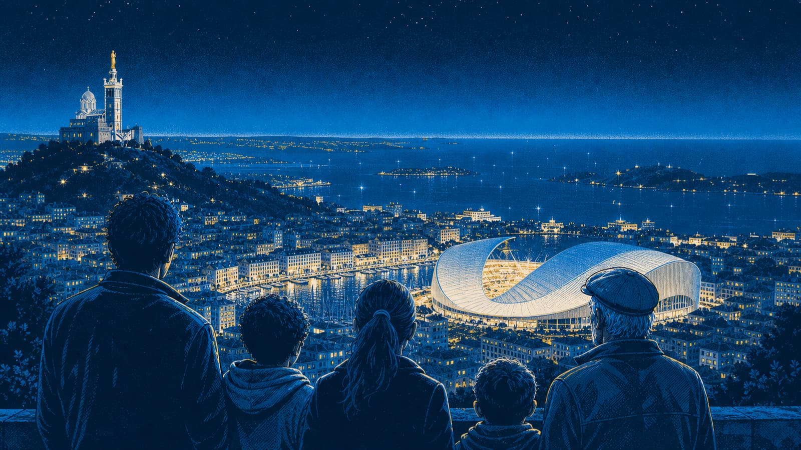 Des supporters contemplent Marseille, Notre-Dame de la Garde et le Stade Vélodrome depuis les hauteurs